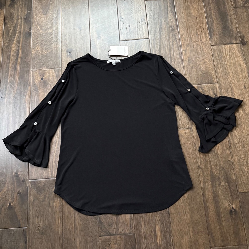 Green Envelope Blouse Women S Black New Button Accent Ruffle Split Sleeve Top